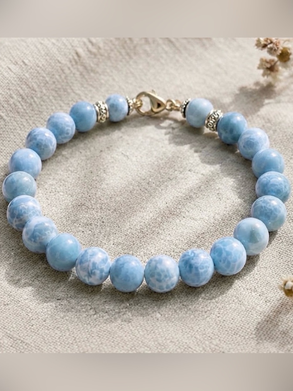 Larimar Beaded Bracelet with Gold Clasp